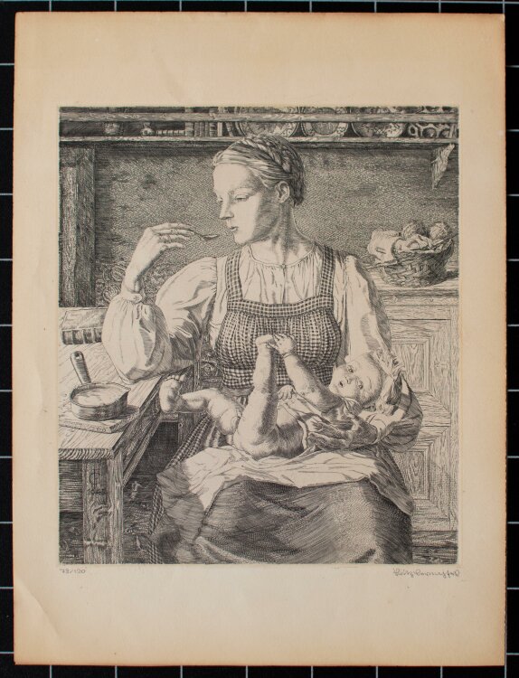 Fritz Cernajsek - Mutter mit Kind, in der Küche - Radierung - 1945