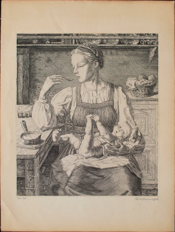 Fritz Cernajsek - Mutter mit Kind, in der Küche - Radierung - 1945