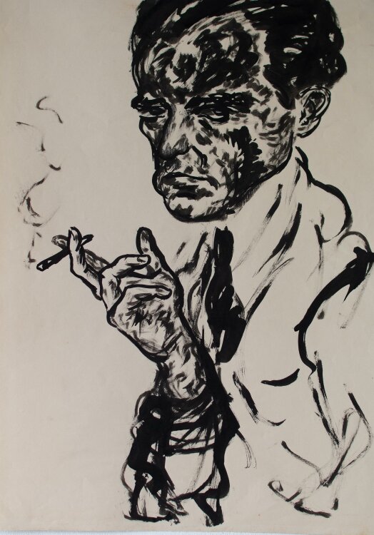Fritz Zalisz - Selbstporträt mit Zigarette - Tusche...