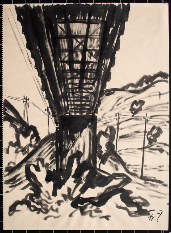 Fritz Zalisz - (Hindenburg-) Brücke, Rheinlandschaft - Tusche - o.J.