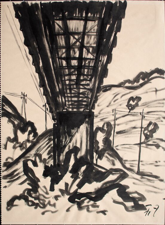 Fritz Zalisz - (Hindenburg-) Brücke, Rheinlandschaft - Tusche - o.J.