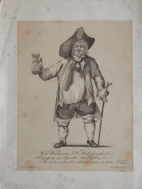 M. Pöltzel - Herr Weidmann K. K. Hofschauspieler als Zep, in der Operette, der Faßbinder - weißgehöhter Kupferstich - 1807
