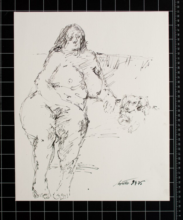 Bernt Wilke - Sitzender Frauenakt mit Hund - Tuschezeichnung - 1975