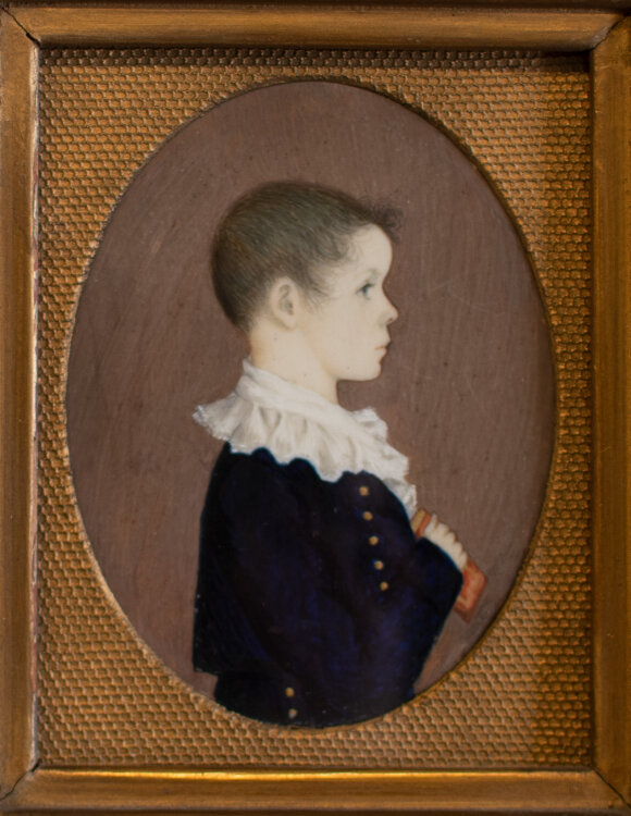 Miniatur Portrait Biedermeier Porträt Knabe mit Buch Gouache auf Bein 19. Jh.