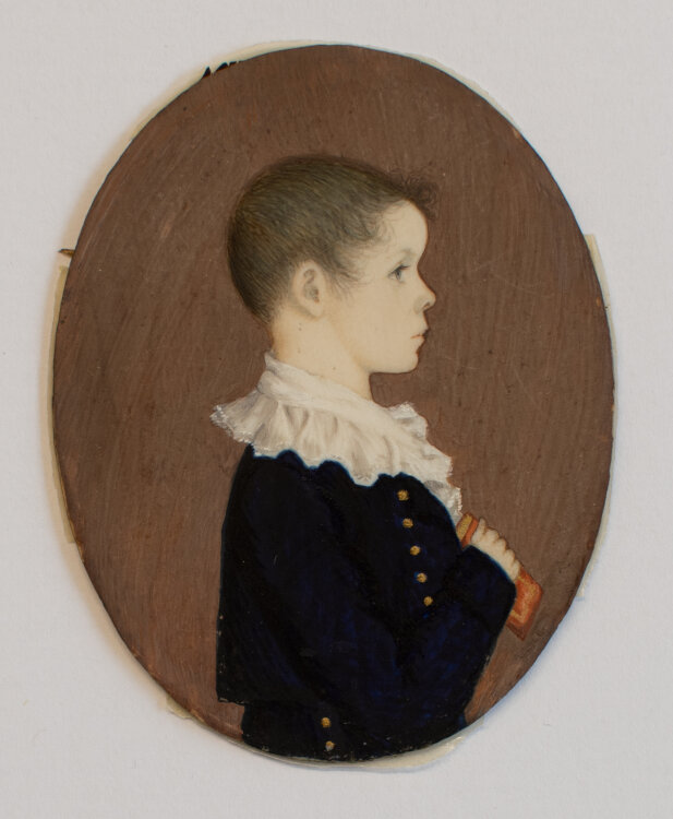 Miniatur Portrait Biedermeier Porträt Knabe mit Buch Gouache auf Bein 19. Jh.