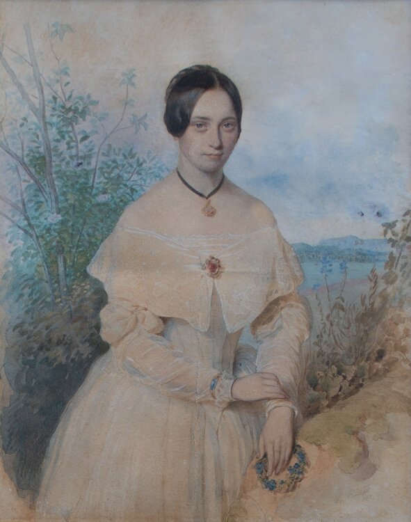 Leopold Fischer - Frauenporträt in Landschaft, Biedermeier - Aquarell - 1851