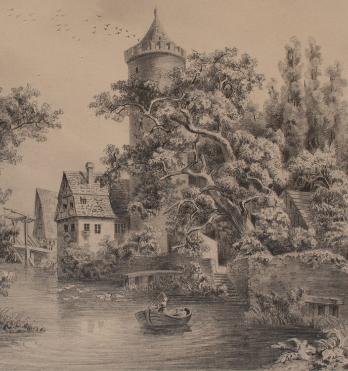 Unbekannt (Schwarz?) - Ansicht eines alten Dorfs mit Fluß - Bleistiftzeichnung - 20. Jh.