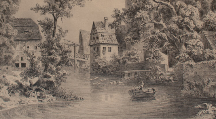Unbekannt (Schwarz?) - Ansicht eines alten Dorfs mit Fluß - Bleistiftzeichnung - 20. Jh.
