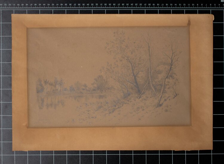 Unbekannt - Flußlandschaft mit spiegelnden Bäumen - Bleistiftzeichnung - 19. Jh.