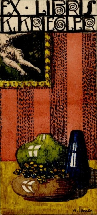 Wilhelm (Willi) Sauer - Exlibris K.Kriegler (Stillleben mit Frauenakt) - kolorierte Zeichnung - um 1910/20