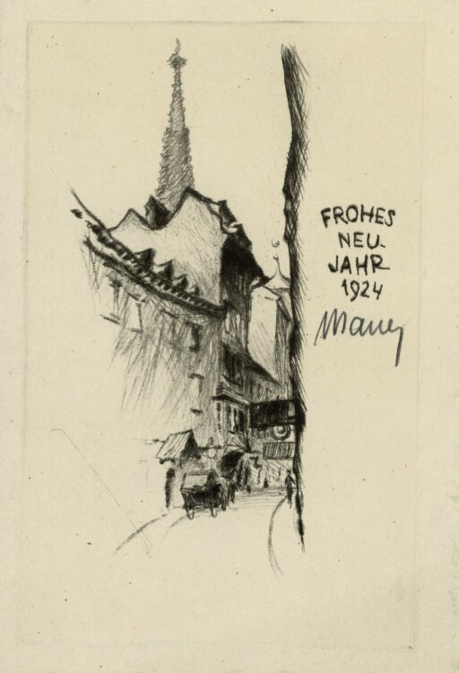 Wilhelm (Willi) Sauer - Neujahrswunsch (Wiener Altstadt) - Radierung - 1924