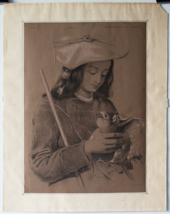 Franz Kasper Vinck - Jungenporträt mit Greifvogel - Kohle weiß gehöht - 1866