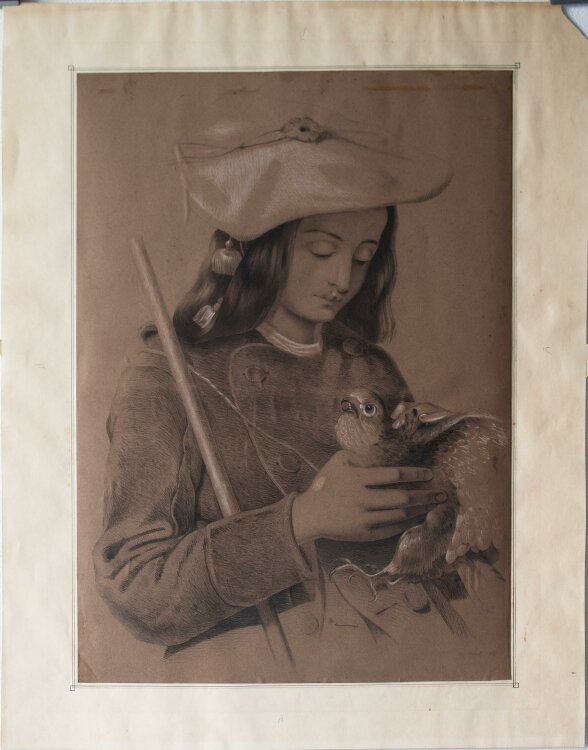 Franz Kasper Vinck - Jungenporträt mit Greifvogel - Kohle weiß gehöht - 1866