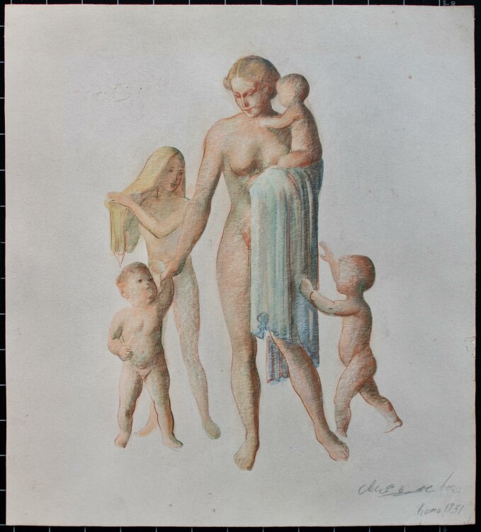 Unbekannt - Weiblicher Akt, Mutter mit Kindern - Aquarell - 1951