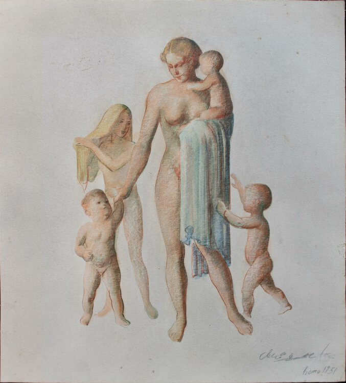 Unbekannt - Weiblicher Akt, Mutter mit Kindern - Aquarell - 1951