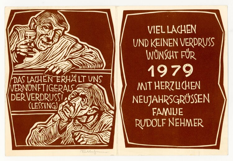 Rudolf Nehmer - Neujahrsgrafik "Viel Lachen" - Holzschnitt - 1978