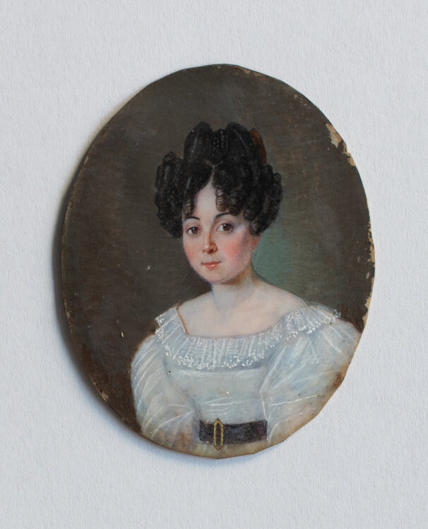 Unbekannt - Porträt einer jungen Dame mit Schleife im Haar - Gouache auf Bein - um 1830