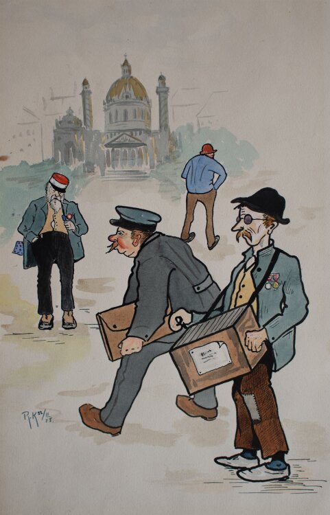 Unbekannt Wien - Humoristische Darstellung, Karikatur mit Leierkastenmann und Beamten - 1925 - Aquarell