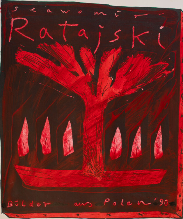 Slawomir Ratajski - Abstrakte Komposition mit Baum - 1990 - Aquarell auf Offsetdruck