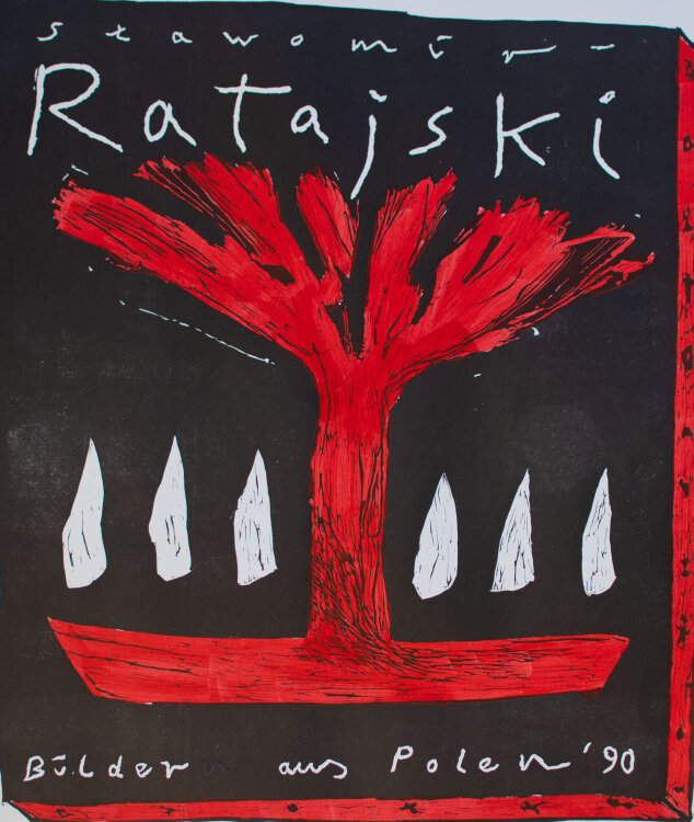 Slawomir Ratajski - Abstrakte Komposition mit Baum - 1990 - Aquarell auf Offsetdruck