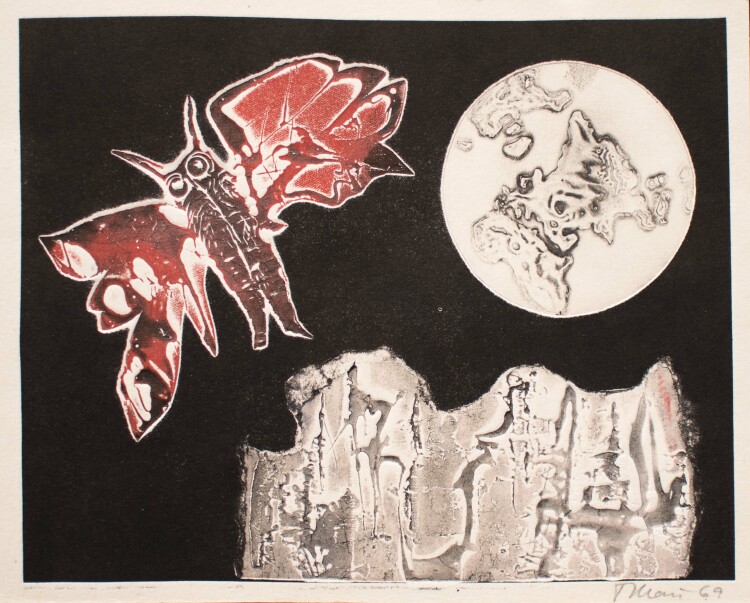 Toni Mau - Fantastische Komposition mit Falter vor der Weltkugel - 1969 - Prägedruck