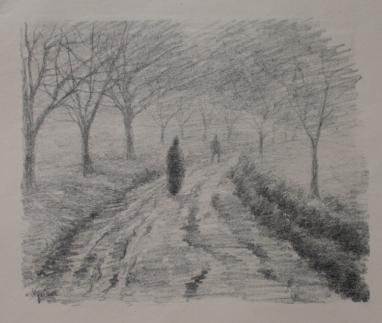 Margarethe Geibel - Landschaft mit Spaziergänger Im Nebel" - 1913 - Lithografie"