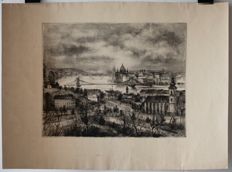 Unleserlich signiert - Ansicht der Stadt Budapest mit Kettenbrücke und Parlament - 1970 - Radierung