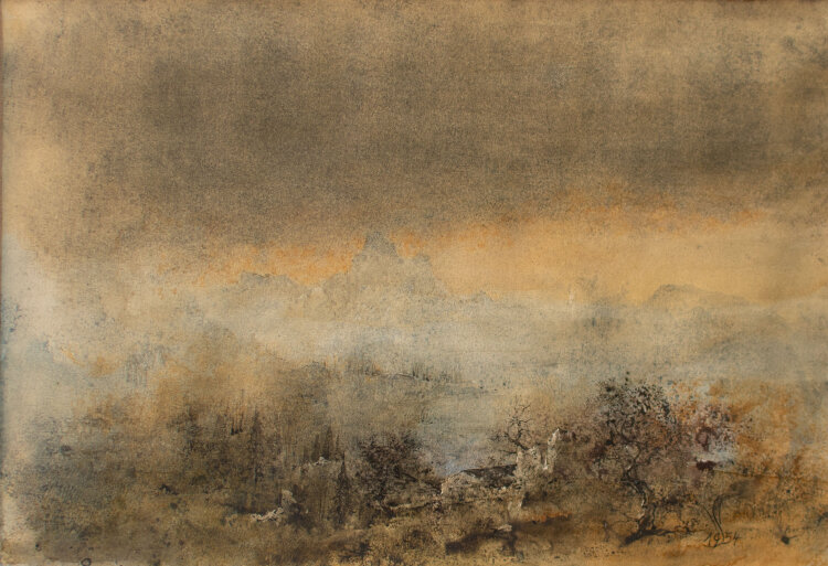 Willi Schmid - Flußlandschaft mit Villa - 1954 - Aquarell, Tusche