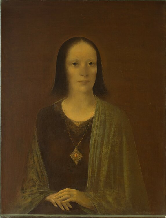 Willi Schmid - Frauenporträt (Ruth Siller?) mit Art déco Kette - 1935 - Öl auf Leinwand