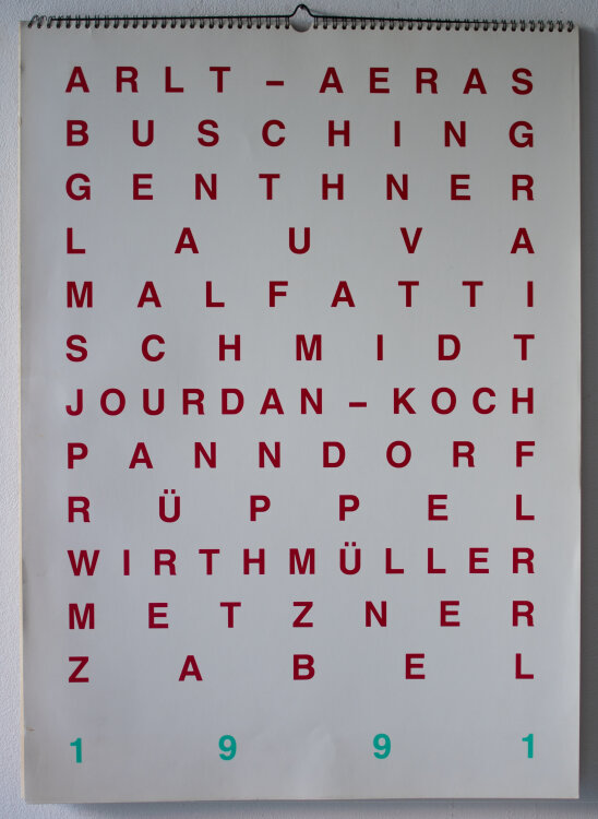 Kulturwerk des BBK Berlin: Arlt-Aeras; Busching; Genthner; Lauva; Malfatti; Schmidt; Jourdan-Koch; Pandorf; Rüppel; Wirthmüller; Metzner; Zabel. - Kalender des Kulturwerk des BBK Berlin - 1991 - Lithografie, Siebdrucke