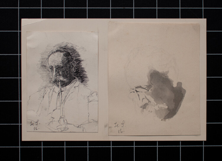 Signiert H. S. - Zwei Porträts eines älteren Mannes mit Pfeiffe und Brille - 1886 - Tusche/Aquarell