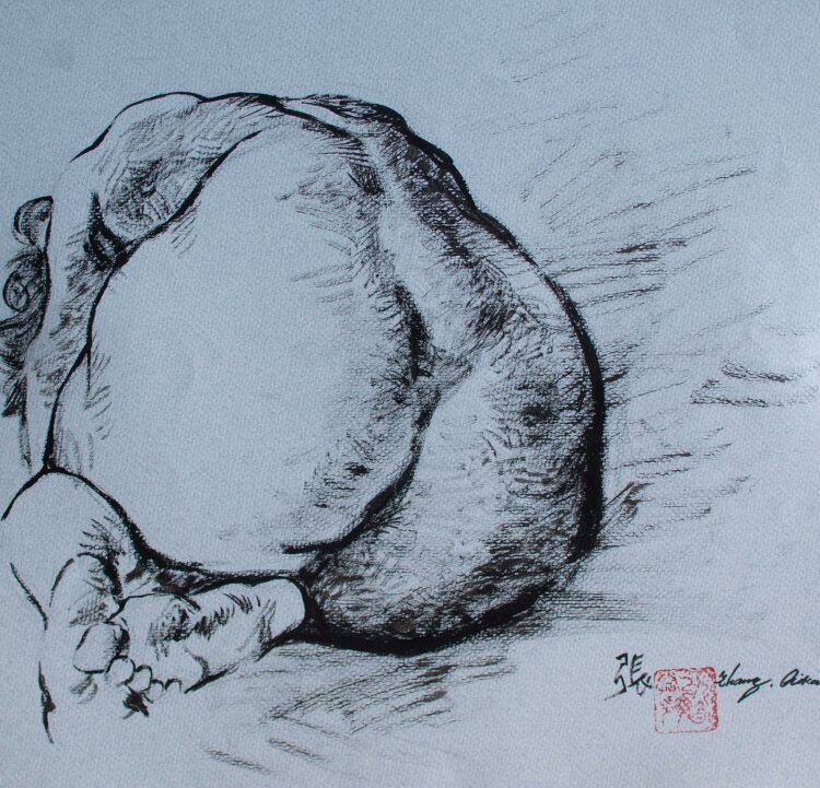 Zhang Qikai - Rückenakt - o.J. - Kohle Zeichnung