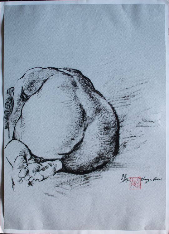 Zhang Qikai - Rückenakt - o.J. - Kohle Zeichnung
