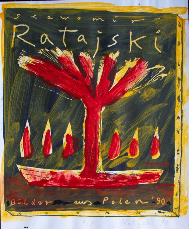 Slawomir Ratajski - Abstrakte Komposition mit Baum - 1990 - Offsetdruck, Akryl
