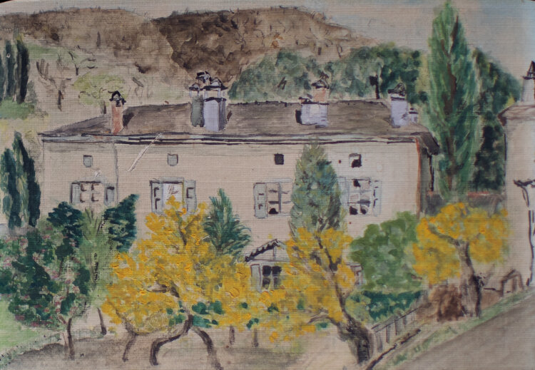 Signiert Paula Hessel - Haus in Saint-André-de-Valborgne - 1914 - Aquarell