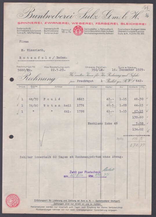 - Rechnung - 16.12.1929