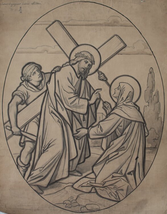 Glasmanufaktur Johann Heinrich Huber-Stutz Zürich - Der kreuztragende Christus begegnet seiner Mutter Maria - o.J. - Kohle / Aquarell