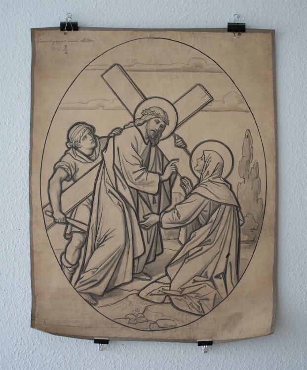 Glasmanufaktur Johann Heinrich Huber-Stutz Zürich - Der kreuztragende Christus begegnet seiner Mutter Maria - o.J. - Kohle / Aquarell