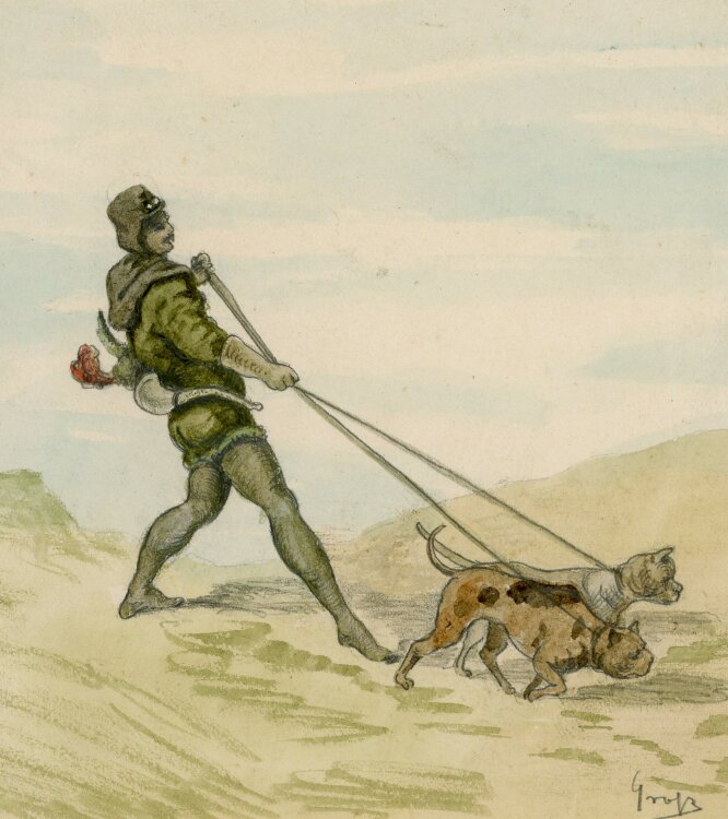 Unbekannt - Spaziergang mit Hunden - o.J. - Aquarell,...