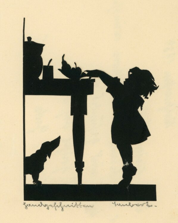 Unbekannt - Scherenschnitt Mädchen und Dackel - 1939 - Collage