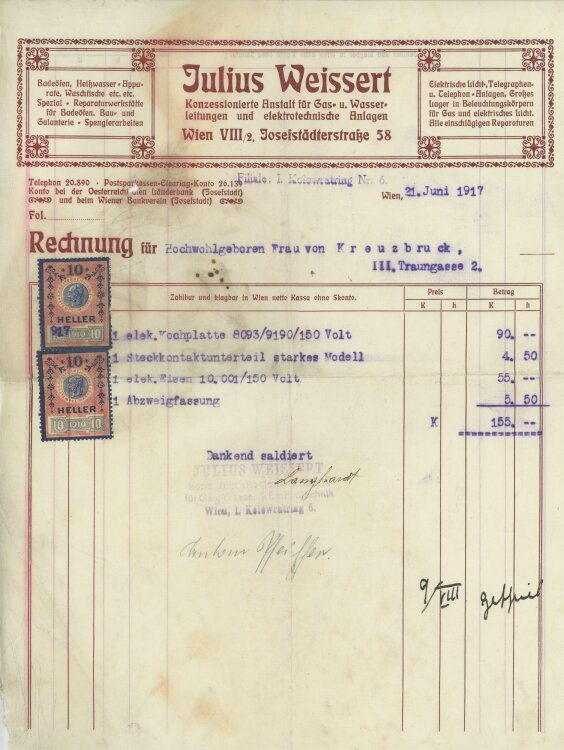 Julius Weissert - Rechnung - 21.06.1917