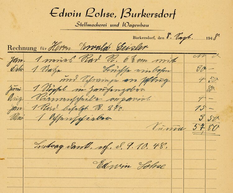 Edwin Lohse Bukersdorf Stellmacherei und Wagenbau - Rechnung - 08.09.1948