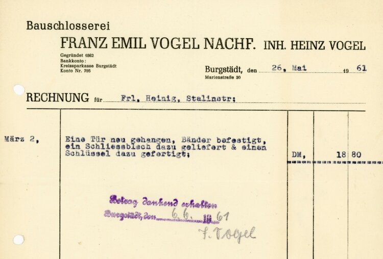 Bauschlosserei Franz Emil Vogel Nachf. Inh. Heinz Vogel - Rechnung - 26.05.1961