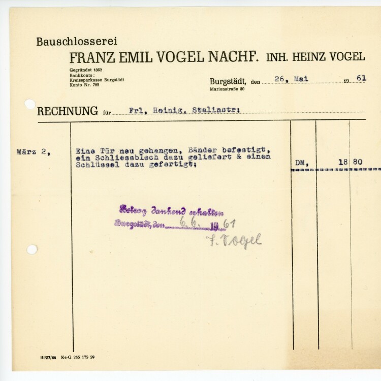 Bauschlosserei Franz Emil Vogel Nachf. Inh. Heinz Vogel - Rechnung - 26.05.1961