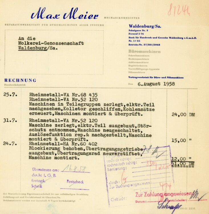Max Meier Mechanikmeister Reparaturwerkstatt für Büromaschinen aller Systeme - Rechnung - 06.08.1958