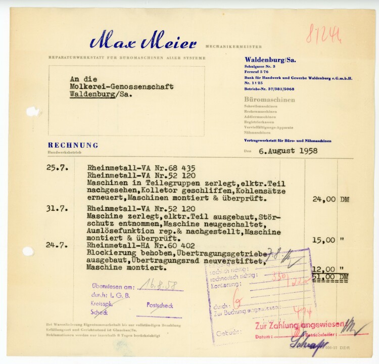Max Meier Mechanikmeister Reparaturwerkstatt für Büromaschinen aller Systeme - Rechnung - 06.08.1958