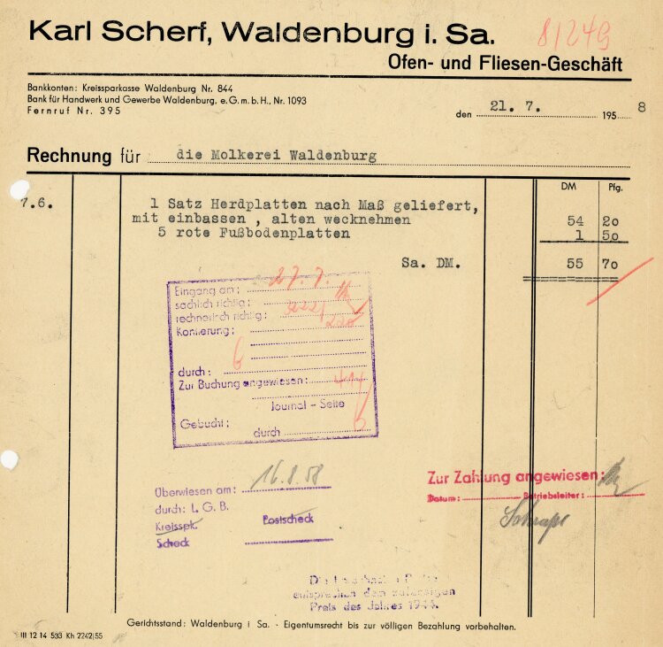 Karl Scherf Ofen-und Fliesengeschäft Waldenburg in...