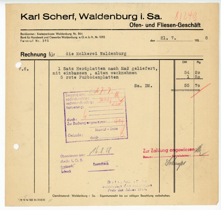 Karl Scherf Ofen-und Fliesengeschäft Waldenburg in Sachsen - Rechnung - 21.07.1958