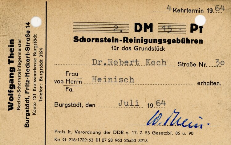 Wolfgang Thein Bezirks-Schornsteinfegemeister - Rechnung - Juli 1964