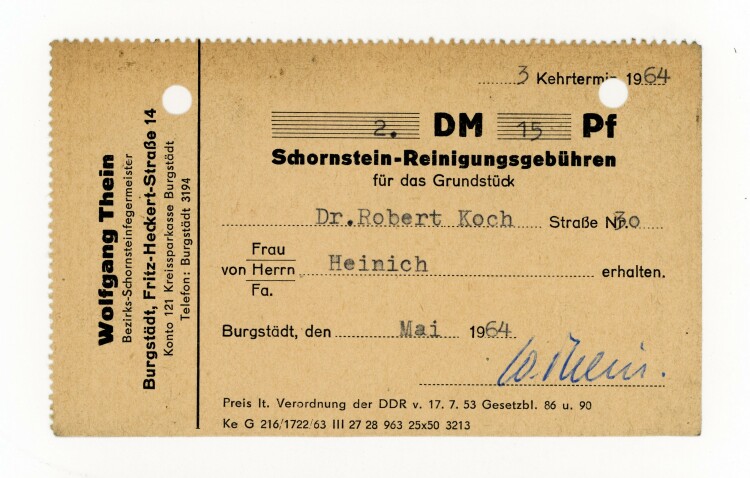 Wolfgang Thein Bezirks-Schornsteinfegemeister  - Rechnung - Mai 1964